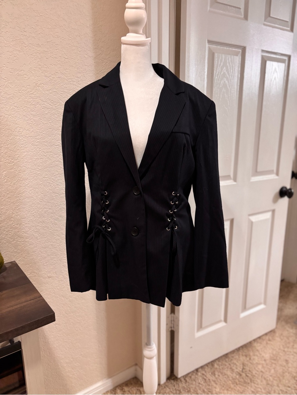 Nasty Gal Black Lace-Up Pinstripe Blazer
